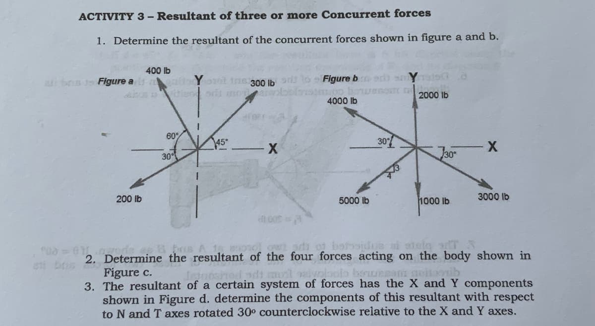 ACTIVITY 3- Resultant of three or more Concurrent forces
1. Determine the resultant of the concurrent forces shown in figure a and b.
400 lb
a bos s Figure a tio o3ot tns 300 lb
Figure b
2000 lb
4000 lb
60
30
45°
X-
30
200 lb
5000 lb
1000 lb
3000 lb
ono owi sdi of borojdua ai atelg adT
2. Determine the resultant of the four forces acting on the body shown in
Figure c.
3. The resultant of a certain system of forces has the X and Y components
shown in Figure d. determine the components of this resultant with respect
to N and T axes rotated 30° counterclockwise relative to the X and Y axes.
feduoshed dt mol alynloolb beuemam neitooil
