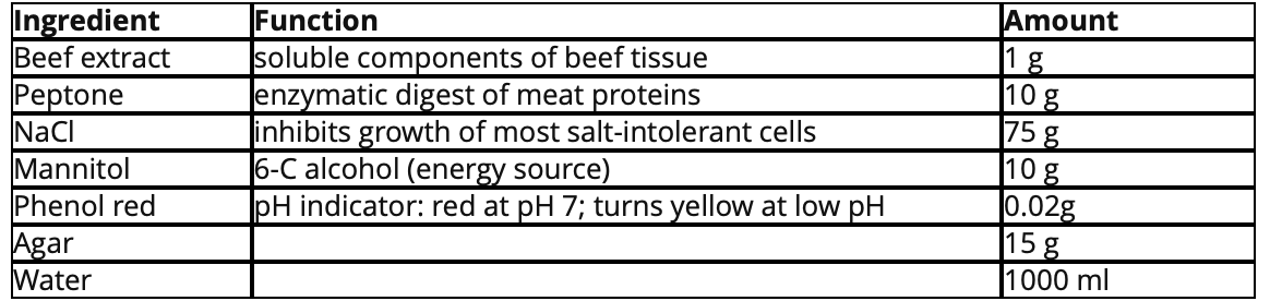 Function
soluble components of beef tissue
enzymatic digest of meat proteins
inhibits growth of most salt-intolerant cells
|6-C alcohol (energy source)
pH indicator: red at pH 7; turns yellow at low pH
Amount
1g
10g
75g
10g
|0.02g
15g
1000 ml
Ingredient
Beef extract
Peptone
NaCl
Mannitol
Phenol red
Agar
Water
