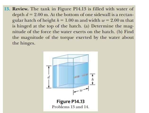 13. Review. The tank in Figure P14.13 is filled with water of
depth d = 2.00 m. At the bottom of one sidewall is a rectan-
gular hatch of height h = 1.00 m and width w= 2.00 m that
is hinged at the top of the hatch. (a) Determine the mag-
nitude of the force the water exerts on the hatch. (b) Find
the magnitude of the torque exerted by the water about
the hinges.
Figure P14.13
Problems 13 and 14.

