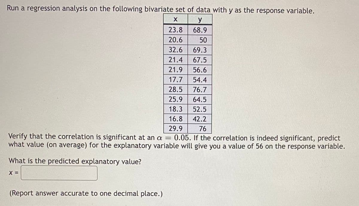Run a regression analysis on the following bivariate set of data with y as the response variable.
X
y
23.8
68.9
20.6
50
32.6 69.3
21.4
67.5
21.9 56.6
17.7 54.4
28.5
76.7
25.9
64.5
18.3 52.5
16.8
42.2
29.9
76
Verify that the correlation is significant at an a = 0.05. If the correlation is indeed significant, predict
what value (on average) for the explanatory variable will give you a value of 56 on the response variable.
What is the predicted explanatory value?
X =
(Report answer accurate to one decimal place.)