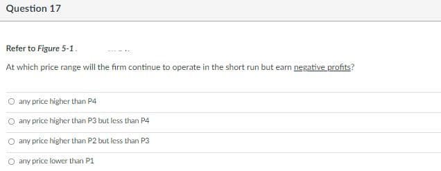 Question 17
Refer to Figure 5-1.
At which price range will the firm continue to operate in the short run but earn negative profits?
any price higher than P4
any price higher than P3 but less than P4
any
price higher than P2 but less than P3
any price lower than P1
