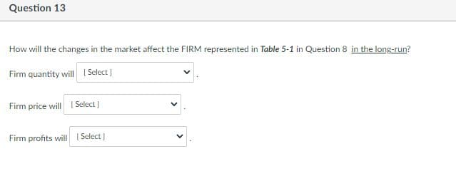 Question 13
How will the changes in the market affect the FIRM represented in Table 5-1 in Question 8 in the long-run?
Firm quantity will [Select]
Firm price will [Select]
Firm profits will [Select]