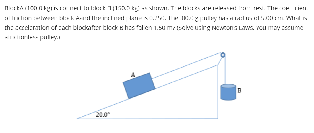 BlockA (100.0 kg) is connect to block B (150.0 kg) as shown. The blocks are released from rest. The coefficient
of friction between block Aand the inclined plane is 0.250. The500.0 g pulley has a radius of 5.00 cm. What is
the acceleration of each blockafter block B has fallen 1.50 m? (Solve using Newton's Laws. You may assume
africtionless pulley.)
20.0⁰
A
B