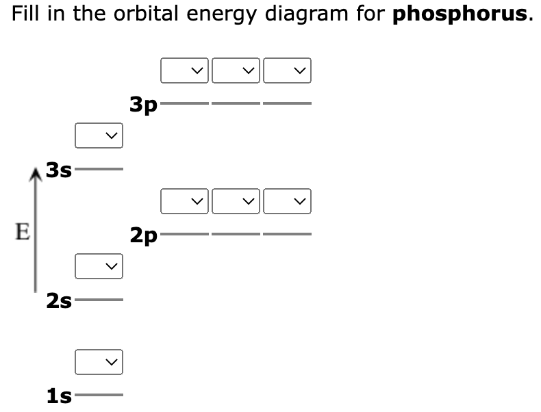 Fill in the orbital energy diagram for phosphorus.
E
3s
2s
1s
3p-
2p