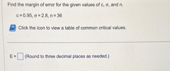 Find the margin of error for the given values of c, σ, and n.
c=0.95, σ 2.8, n = 36
Click the icon to view a table of common critical values.
E= (Round to three decimal places as needed.)