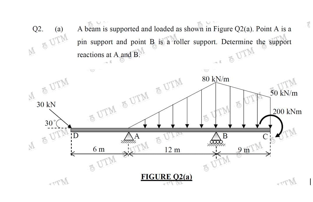 Q2.
(а)
A beam is supported and loaded as shown in Figure Q2(a). Point A is a
M 6 UTM
pin support and point B is
reactions at A and B.
a roller support. Determine the support
ITM
M UTM
30 kN
O UTM
80 kN/m
30
UTM
UTM & UTM UTM
:D
M UTM
200 kNm
6 m
В
12 m
UTM TM UI
*-
*TTM
FIGURE Q2(a)
3 UTM TM UTM
*TTM
