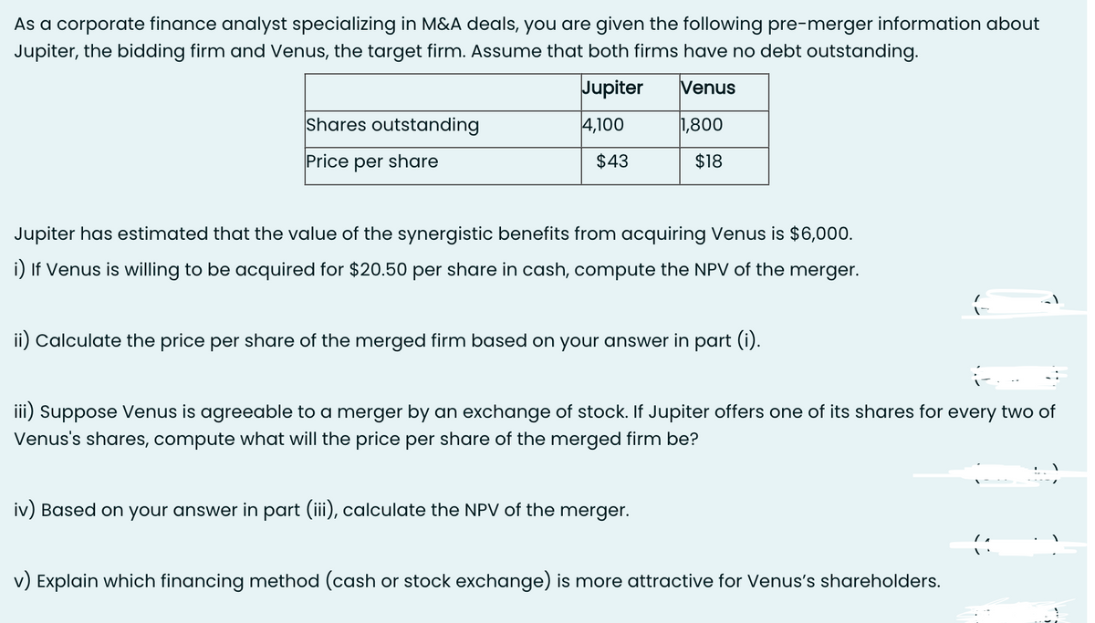 As a corporate finance analyst specializing in M&A deals, you are given the following pre-merger information about
Jupiter, the bidding firm and Venus, the target firm. Assume that both firms have no debt outstanding.
Jupiter
Venus
4,100
1,800
$18
Shares outstanding
Price per share
$43
Jupiter has estimated that the value of the synergistic benefits from acquiring Venus is $6,000.
i) If Venus is willing to be acquired for $20.50 per share in cash, compute the NPV of the merger.
ii) Calculate the price per share of the merged firm based on your answer in part (i).
iii) Suppose Venus is agreeable to a merger by an exchange of stock. If Jupiter offers one of its shares for every two of
Venus's shares, compute what will the price per share of the merged firm be?
iv) Based on your answer in part (iii), calculate the NPV of the merger.
v) Explain which financing method (cash or stock exchange) is more attractive for Venus's shareholders.
