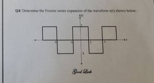 Q4/ Determine the Fourier series expansion of the waveform x(t) shown below:
++
Eood uck
