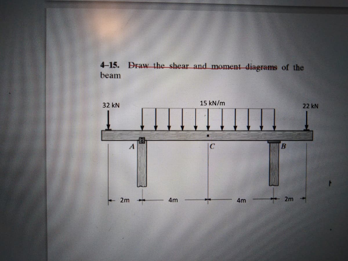 4-15. Draw the shear and moment diagrams of the
beam
32 kN
15 kN/m
22 kN
2m
4m
4m
2m
