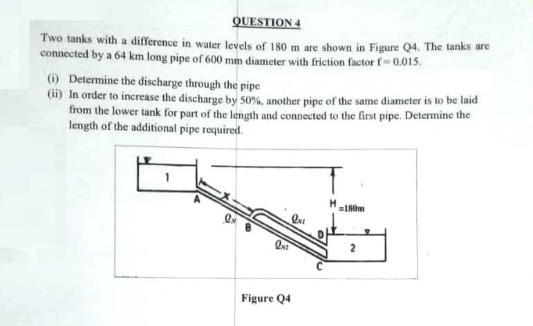 QUESTION 4
Two tanks with a difference in water levels of 180 m are shown in Figure Q4. The tanks are
connected by a 64 km long pipe of 600 mm diameter with friction factor f= 0.01i5.
() Determine the discharge through the pipe
(ii) In order to increase the discharge by 50%, another pipe of the same diameter is to be laid
from the lower tank for part of the length and connected to the first pipe. Determine the
length of the additional pipe required.
H-180m
2
Figure Q4
