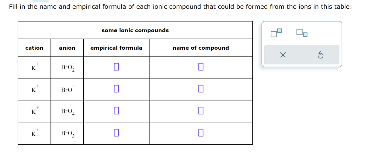 Fill in the name and empirical formula of each ionic compound that could be formed from the ions in this table:
cation
K
+
+
K
+
K
K
anion
BrO₂
Bro
Bro
4
BrO₂
3
some ionic compounds
empirical formula
■
1
name of compound
X
S