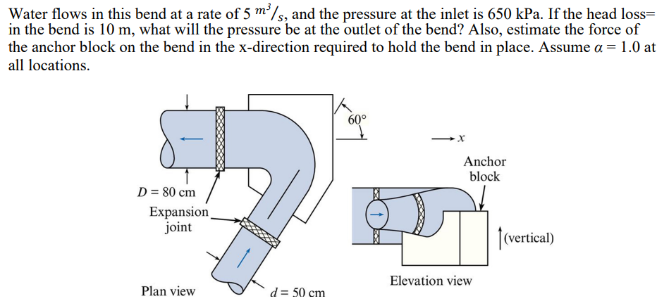 Water flows in this bend at a rate of 5 m³/s, and the pressure at the inlet is 650 kPa. If the head loss=
in the bend is 10 m, what will the pressure be at the outlet of the bend? Also, estimate the force of
the anchor block on the bend in the x-direction required to hold the bend in place. Assume a = 1.0 at
all locations.
D = 80 cm
Expansion
joint
Plan view
d = 50 cm
60°
-X
Anchor
block
5
Elevation view
(vertical)