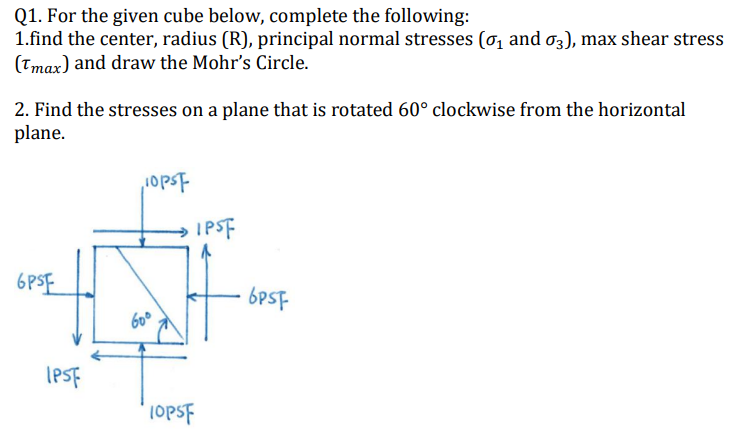 Q1. For the given cube below, complete the following:
1.find the center, radius (R), principal normal stresses (σ and σ3), max shear stress
(Tmax) and draw the Mohr's Circle.
2. Find the stresses on a plane that is rotated 60° clockwise from the horizontal
plane.
6PSE
IPSF
10pst
60⁰
TOPST
IPSF
6PSF