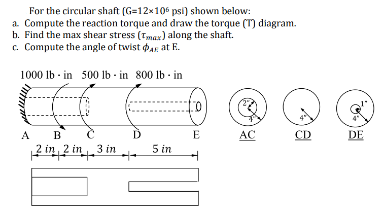 For the circular shaft (G=12×106 psi) shown below:
a. Compute the reaction torque and draw the torque (T) diagram.
b. Find the max shear stress (Tmax) along the shaft.
c. Compute the angle of twist AE at E.
1000 lb in 500 lb in 800 lb. in
A B
2 in 2 in
+
3 in
D
5 in
to
E
AC
CD
2
DE