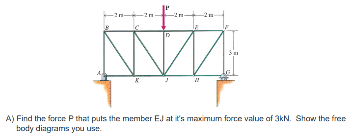 2 m -2 m
-2 m
-2 m
E
D
3 m
K
H
A) Find the force P that puts the member EJ at it's maximum force value of 3kN. Show the free
body diagrams you use.
