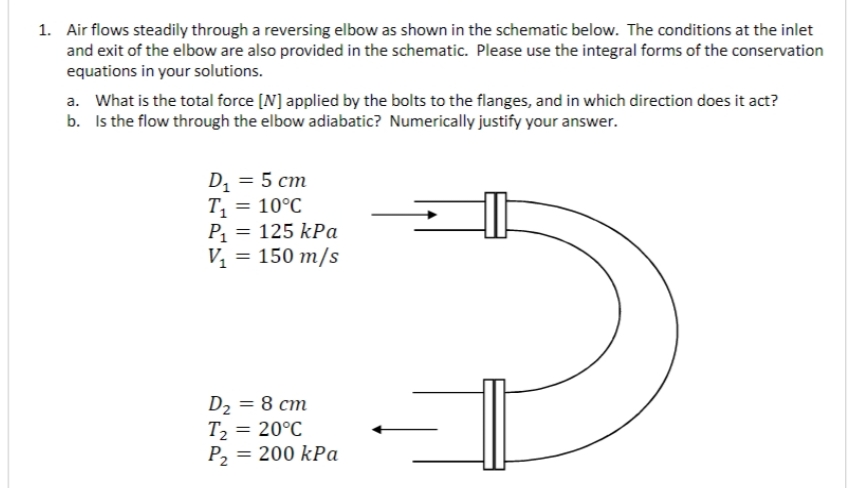 1. Air flows steadily through a reversing elbow as shown in the schematic below. The conditions at the inlet
and exit of the elbow are also provided in the schematic. Please use the integral forms of the conservation
equations in your solutions.
a. What is the total force [N] applied by the bolts to the flanges, and in which direction does it act?
b. Is the flow through the elbow adiabatic? Numerically justify your answer.
D₁ = 5 cm
T₁ = 10°C
P₁ = 125 kPa
V₁ = 150 m/s
D₂ = 8 cm
T₂ = 20°C
I2
P₂ = 200 kPa