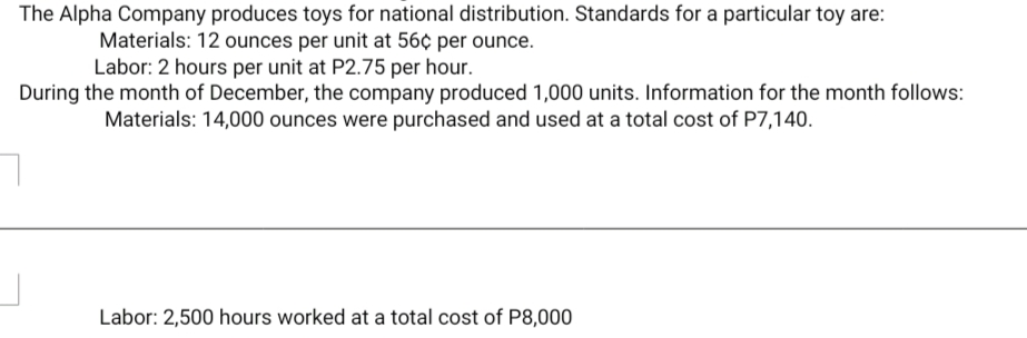 The Alpha Company produces toys for national distribution. Standards for a particular toy are:
Materials: 12 ounces per unit at 56¢ per ounce.
Labor: 2 hours per unit at P2.75 per hour.
During the month of December, the company produced 1,000 units. Information for the month follows:
Materials: 14,000 ounces were purchased and used at a total cost of P7,140.
Labor: 2,500 hours worked at a total cost of P8,000
