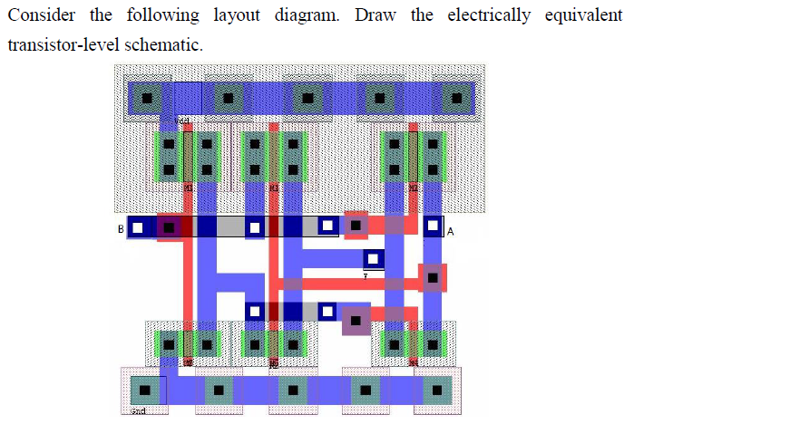 Consider the following layout diagram. Draw the electrically equivalent
transistor-level schematic.
B
F!!
A