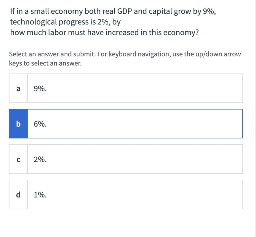 If in a small economy both real GDP and capital grow by 9%,
technological progress is 2%, by
how much labor must have increased in this economy?
Select an answer and submit. For keyboard navigation, use the up/down arrow
keys to select an answer.
a
b
с
d
9%.
6%.
2%.
1%.