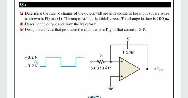 Q1:
(a) Determine the rate of change of the output voltage in response to the input square wave,
as shown in Figure (1). The output voltage is initially zero. The change in time is 100 us.
(b)Describe the output and draw the waveform.
(c) Design the circuit that produced the input, where Vin of that eircuit is 5 V.
1.5 nF
+3.2 V
R,
-3.2 V
33.333 kn
Vout
Figure 1
