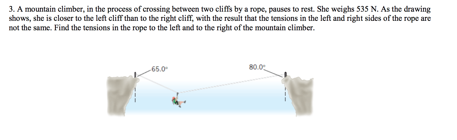 3. A mountain climber, in the process of crossing between two cliffs by a rope, pauses to rest. She weighs 535 N. As the drawing
shows, she is closer to the left cliff than to the right cliff, with the result that the tensions in the left and right sides of the rope are
not the same. Find the tensions in the rope to the left and to the right of the mountain climber
80.0
65.0
