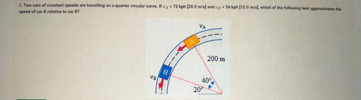 5. Two cars of constant speeds are travelling on a quarter circular curve. If A = 72 kph [20.0 m/s] and vg = 54 kph [15.0 m/s], which of the following best approximates the
speed of car A relative to car B?
VB
8
VA
200 m
40°
20⁰