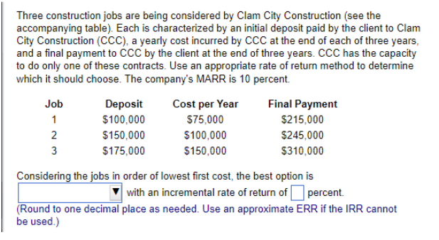 Three construction jobs are being considered by Clam City Construction (see the
accompanying table). Each is characterized by an initial deposit paid by the client to Clam
City Construction (CCC), a yearly cost incurred by CCC at the end of each of three years,
and a final payment to CCC by the client at the end of three years. CCC has the capacity
to do only one of these contracts. Use an appropriate rate of return method to determine
which it should choose. The company's MARR is 10 percent.
Job
1
2
3
Deposit
$100,000
$150,000
$175,000
Cost per Year
$75,000
$100,000
$150,000
Final Payment
$215,000
$245,000
$310,000
Considering the jobs in order of lowest first cost, the best option is
with an incremental rate of return of
percent.
(Round to one decimal place as needed. Use an approximate ERR if the IRR cannot
be used.)