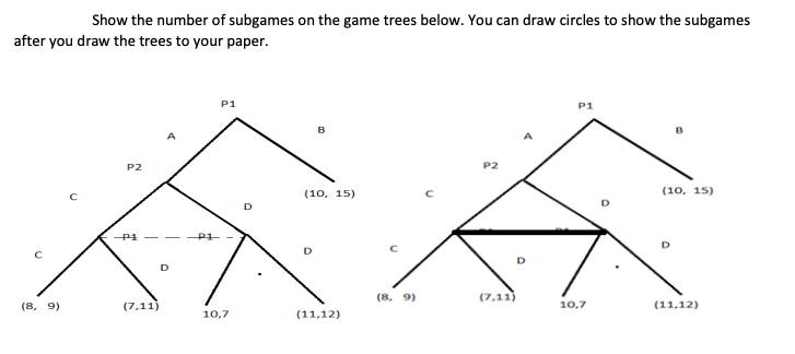 Show the number of subgames on the game trees below. You can draw circles to show the subgames
after you draw the trees to your paper.
P1
P1
B
B
A
P2
P2
(10, 15)
(10, 15)
(8, 9)
(7,11)
(8, 9)
(7,11)
10,7
(11,12)
10,7
(11,12)
