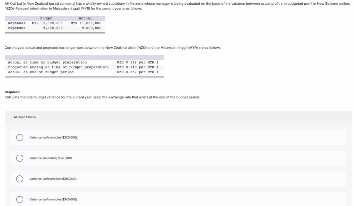 All Kiwi Ltd (a New Zealand-based company) has a wholly-owned subsidiary in Malaysia whose manager is being evaluated on the basis of the variance between actual profit and budgeted profit in New Zealand dollars
(NZD). Relevant information in Malaysian ringgit (MYR) for the current year is as follows:
Budget
Revenues MYR 12,000,000 MYR 11,000,000
Expenses
9,000,000
9,000,000
Current year actual and projected exchange rates between the New Zealand dollar (NZD) and the Malaysian ringgit (MYR) are as follows:
Actual at time of budget preparation
Projected ending at time of budget preparation
Actual at end of budget period
Multiple Choice
Required:
Calculate the total budget variance for the current year using the exchange rate that exists at the end of the budget period.
O
O
Variance (unfavorable) ($320,000).
Actual
Variance (favorable) $320,000.
Variance (unfavorable) ($357,000).
Variance (unfavorable) ($340,000).
NZD 0.312 per MYR 1
NZD 0.340 per MYR 1
NZD 0.357 per MYR 1
