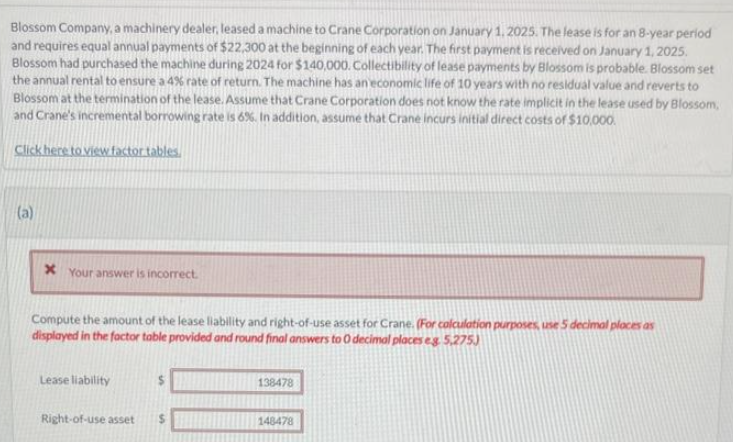 Blossom Company, a machinery dealer, leased a machine to Crane Corporation on January 1, 2025. The lease is for an 8-year period
and requires equal annual payments of $22,300 at the beginning of each year. The first payment is received on January 1, 2025.
Blossom had purchased the machine during 2024 for $140,000. Collectibility of lease payments by Blossom is probable. Blossom set
the annual rental to ensure a 4% rate of return. The machine has an economic life of 10 years with no residual value and reverts to
Blossom at the termination of the lease. Assume that Crane Corporation does not know the rate implicit in the lease used by Blossom,
and Crane's incremental borrowing rate is 6%. In addition, assume that Crane incurs initial direct costs of $10,000.
Click here to view factor tables.
(a)
x Your answer is incorrect.
Compute the amount of the lease liability and right-of-use asset for Crane. (For calculation purposes, use 5 decimal places as
displayed in the factor table provided and round final answers to O decimal places eg 5,275)
Lease liability
138478
Right-of-use asset
148478
