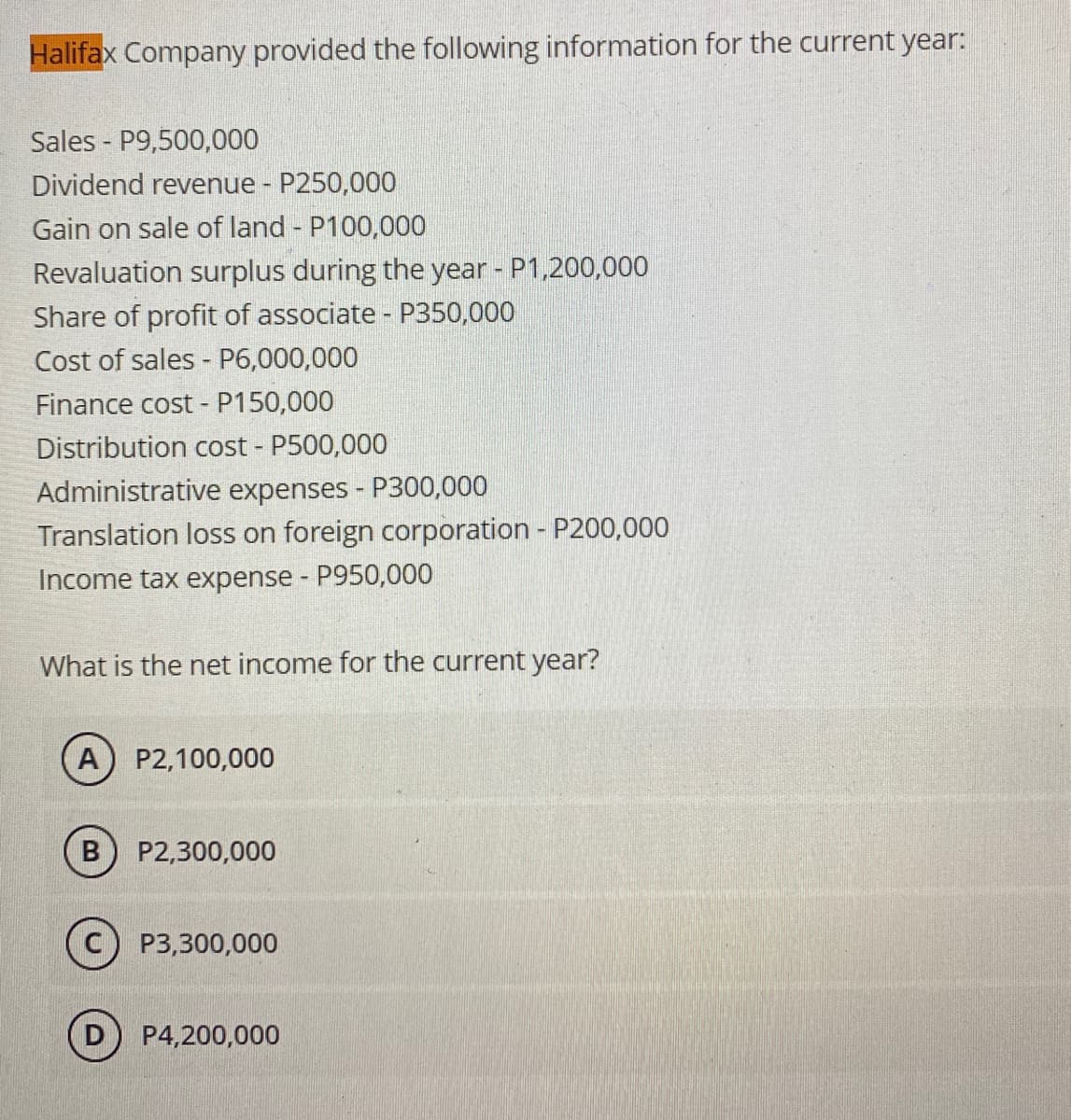 Halifax Company provided the following information for the current year:
Sales P9,500,000
Dividend revenue - P250,000
Gain on sale of land - P100,000
Revaluation surplus during the year - P1,200,000
Share of profit of associate - P350,000
Cost of sales - P6,000,000
Finance cost-P150,000
Distribution cost - P500,000
Administrative expenses - P300,000
Translation loss on foreign corporation - P200,000
Income tax expense - P950,000
What is the net income for the current year?
A) P2,100,000
B P2,300,000
P3,300,000
P4,200,000