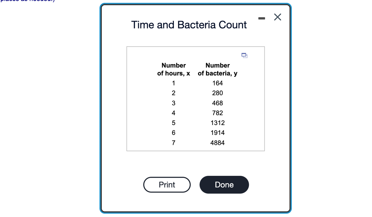 Time and Bacteria Count
Number
of hours, x
1
2
3
4
5
6
7
Print
Number
of bacteria, y
164
280
468
782
1312
1914
4884
Done
X