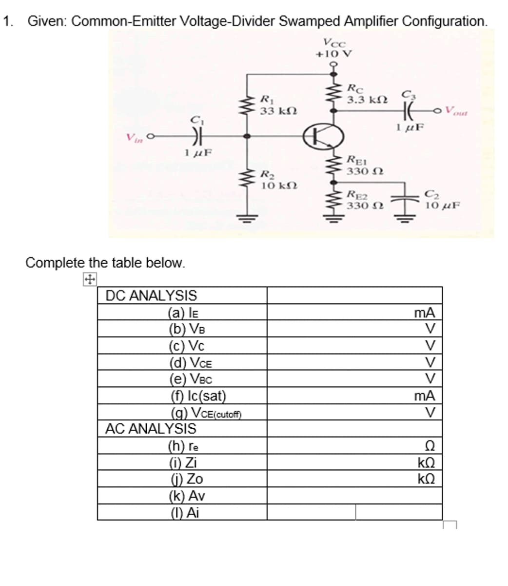 1. Given: Common-Emitter Voltage-Divider Swamped Amplifier Configuration.
Vcc
+10 V
Rc
3.3 kN
C3
R1
33 kN
out
1 µF
1 µF
Rei
330 N
R2
10 kN
RE2
330 N
10 µF
Complete the table below.
田
DC ANALYSIS
(a) lE
(b) Vв
(c) Vc
(d) VCE
(e) Vec
(f) Ic(sat)
(g) VCE(cutoff)
mA
V
V
V
V
AC ANALYSIS
(h) re
(i) Zi
(1) Zo
(k) Av
(1) Ai
Ω
