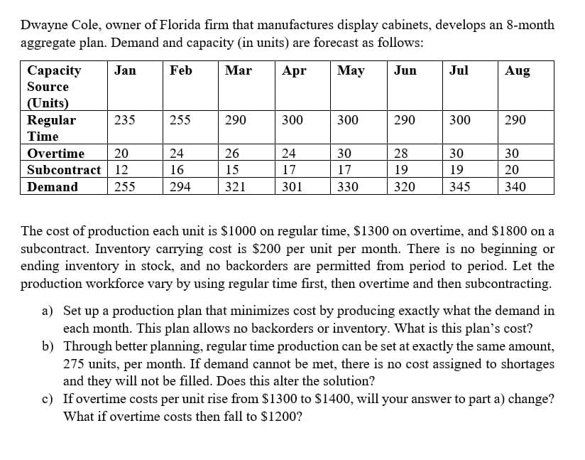 Dwayne Cole, owner of Florida firm that manufactures display cabinets, develops an 8-month
aggregate plan. Demand and capacity (in units) are forecast as follows:
Сараcity
Jan
Feb
Mar
Apr
Маy
Jun
Jul
Aug
Source
(Units)
Regular
235
255
290
300
300
290
300
290
Time
30
19
Overtime
20
Subcontract 12
24
26
24
30
28
30
16
15
17
17
19
20
Demand
255
294
321
301
330
320
345
340
The cost of production each unit is $1000 on regular time, $1300 on overtime, and $1800 on a
subcontract. Inventory carrying cost is $200 per unit per month. There is no beginning or
ending inventory in stock, and no backorders are permitted from period to period. Let the
production workforce vary by using regular time first, then overtime and then subcontracting.
a) Set up a production plan that minimizes cost by producing exactly what the demand in
each month. This plan allows no backorders or inventory. What is this plan's cost?
b) Through better planning, regular time production can be set at exactly the same amount,
275 units, per month. If demand cannot be met, there is no cost assigned to shortages
and they will not be filled. Does this alter the solution?
c) If overtime costs per unit rise from $1300 to $1400, will your answer to part a) change?
What if overtime costs then fall to $1200?
