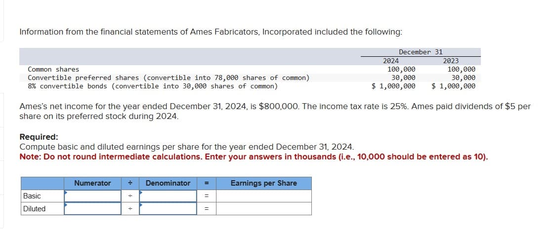 Information from the financial statements of Ames Fabricators, Incorporated included the following:
Common shares
Convertible preferred shares (convertible into 78,000 shares of common)
8% convertible bonds (convertible into 30,000 shares of common)
December 31
2024
100,000
30,000
2023
100,000
30,000
$ 1,000,000
$ 1,000,000
Ames's net income for the year ended December 31, 2024, is $800,000. The income tax rate is 25%. Ames paid dividends of $5 per
share on its preferred stock during 2024.
Required:
Compute basic and diluted earnings per share for the year ended December 31, 2024.
Note: Do not round intermediate calculations. Enter your answers in thousands (i.e., 10,000 should be entered as 10).
Basic
Diluted
Numerator
÷ Denominator
=
Earnings per Share
÷
=
÷
=