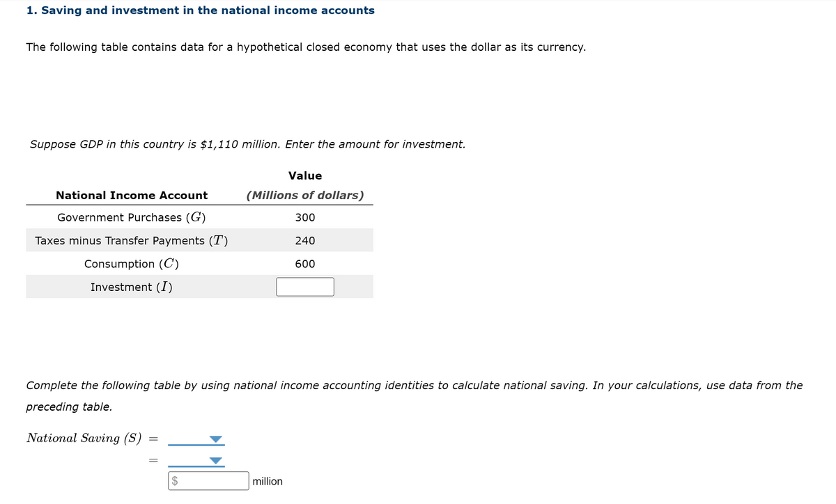 1. Saving and investment in the national income accounts
The following table contains data for a hypothetical closed economy that uses the dollar as its currency.
Suppose GDP in this country is $1,110 million. Enter the amount for investment.
National Income Account
Government Purchases (G)
Taxes minus Transfer Payments (T)
Consumption (C)
Investment (I)
Complete the following table by using national income accounting identities to calculate national saving. In your calculations, use data from the
preceding table.
National Saving (S)
=
Value
(Millions of dollars)
300
240
600
$
million