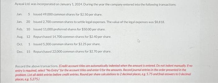 Ayayai Ltd. was incorporated on January 1, 2024. During the year the company entered into the following transactions:
Jan. 5 Issued 49,000 common shares for $2.50 per share.
Jan. 20 Issued 2.700 common shares to settle legal expenses. The value of the legal expenses was $8,818.
Feb. 10 Issued 11,000 preferred shares for $50.00 per share.
Aug 12 Repurchased 14,700 common shares for $2.40 per share.
Oct. 1 Issued 5,300 common shares for $2.25 per share.
Dec. 15 Repurchased 22,000 common shares for $2.70 per share.
Record the above transactions. (Credit account titles are automatically indented when the amount is entered. Do not indent manually. If no
entry is required, select "No Entry" for the account titles and enter O for the amounts. Record journal entries in the order presented in the
problem. List all debit entries before credit entries. Round per share calculations to 2 decimal places, eg. 5.75 and final answers to 0 decimal
places, eg 5,275)