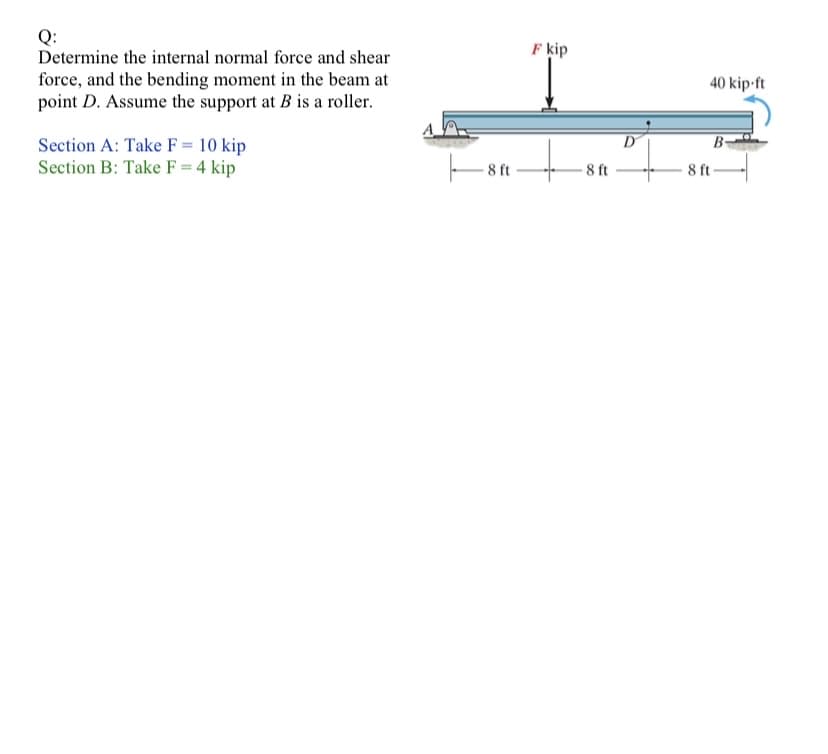 Q:
Determine the internal normal force and shear
F kip
force, and the bending moment in the beam at
point D. Assume the support at B is a roller.
40 kip-ft
Section A: Take F = 10 kip
Section B: Take F = 4 kip
D
B
8 ft
8 ft
8 ft
