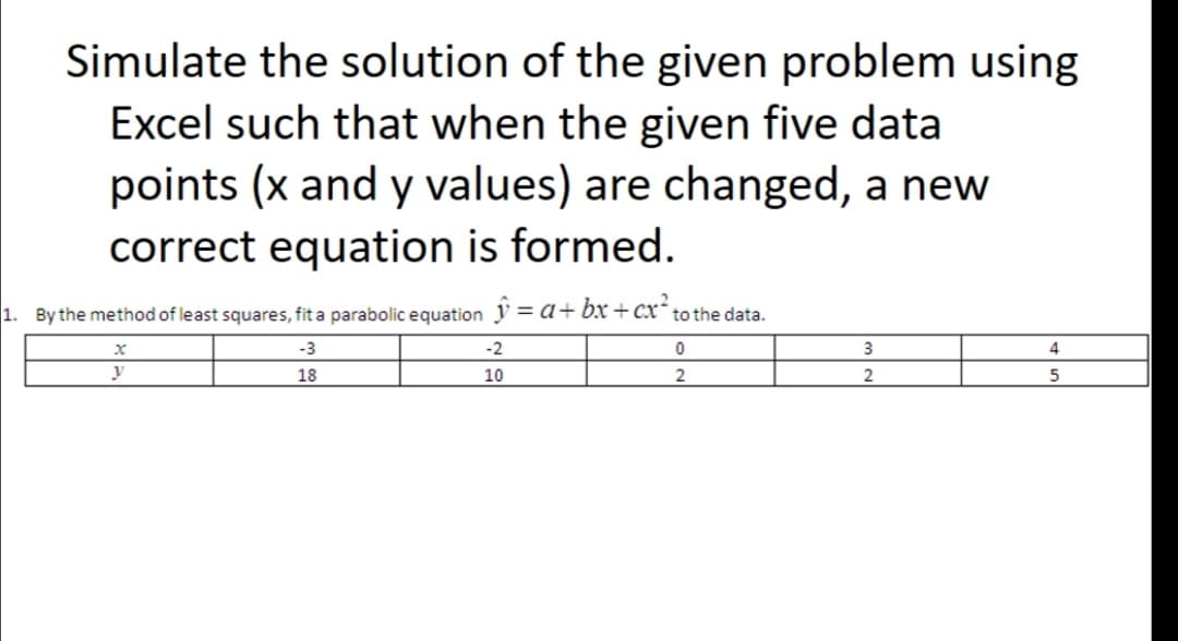 Simulate the solution of the given problem using
Excel such that when the given five data
points (x and y values) are changed, a new
correct equation is formed.
1. By the method of least squares, fit a parabolic equation y=a+bx+cX² to the data.
-3
0
18
2
x
y
-2
10
3
2
4
5
