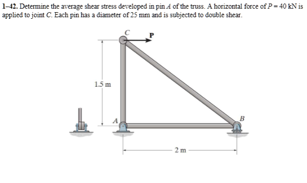 1-42. Determine the average shear stress developed in pin A of the truss. A horizontal force of P = 40 kN is
applied to joint C. Each pin has a diameter of 25 mm and is subjected to double shear.
1.5 m
2m