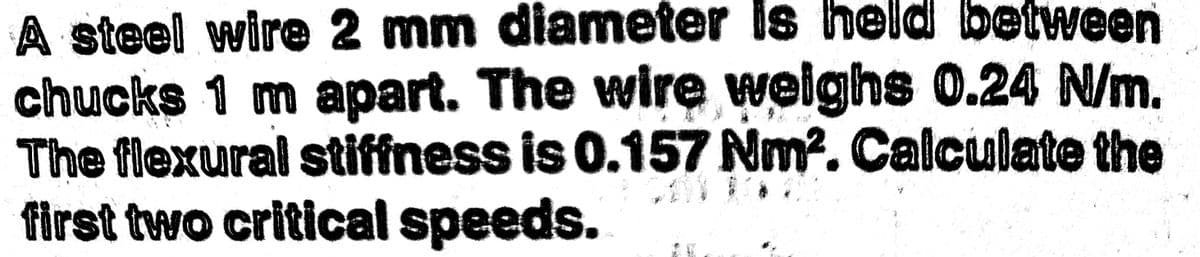 A steel wire 2 mm diameter is held between
chucks 1 m apart. The wire weighs 0.24 N/m.
The flexural stiffness is 0.157 Nm?. Calculate the
first two critical speeds.

