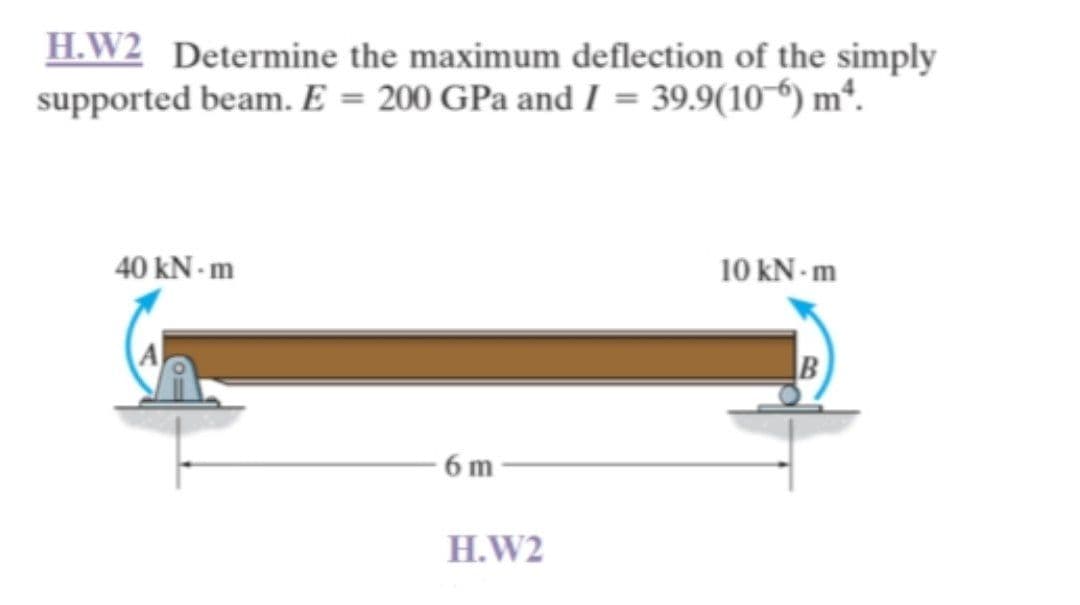 H.W2 Determine the maximum deflection of the simply
supported beam. E = 200 GPa and I = 39.9(106) mª
40 kN-m
10 kN-m
6m
H.W2