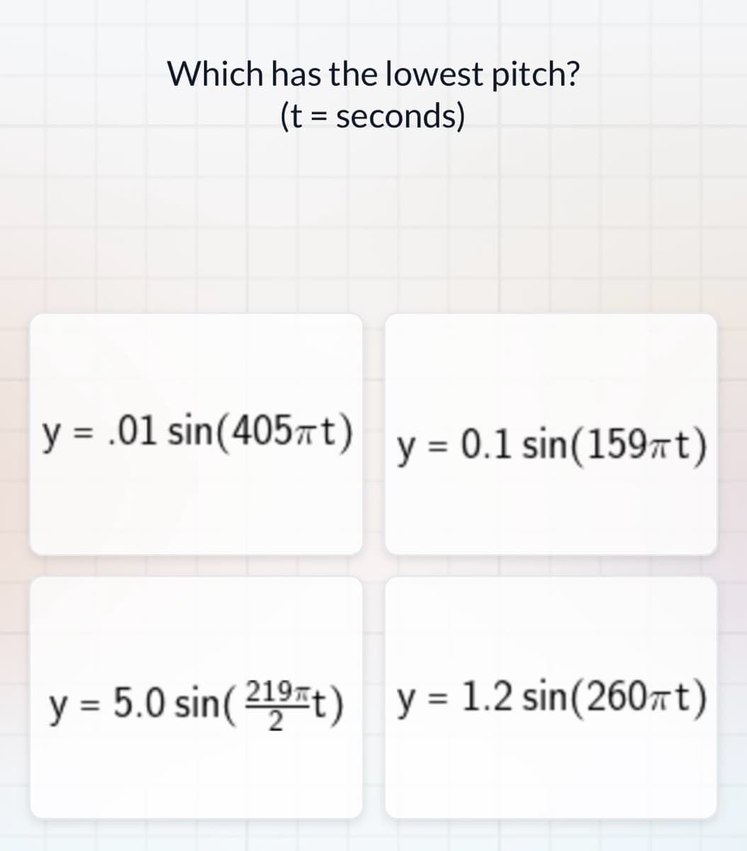 Which has the lowest pitch?
(t = seconds)
y = .01 sin(405 t) y = 0.1 sin(159πt)
y = 5.0 sin(219t) y = 1.2 sin(260πt)