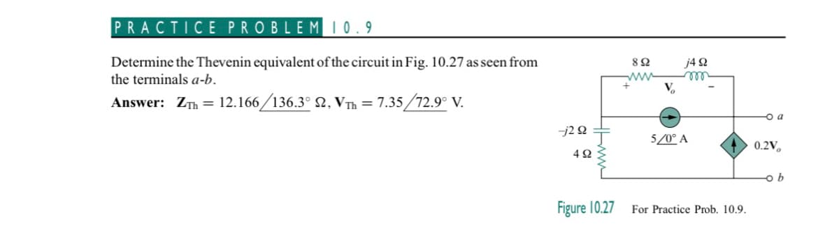 PRACTICE PROBLEM 10.9
Determine the Thevenin equivalent of the circuit in Fig. 10.27 as seen from
the terminals a-b.
Answer: ZTH = 12.166/136.3° ₪2, VTh = 7.35/72.9° V.
--j2 92
492
Figure 10.27
892
www
V₂
j4 92
m
5/0° A
For Practice Prob. 10.9.
- a
0.2V₂
ob