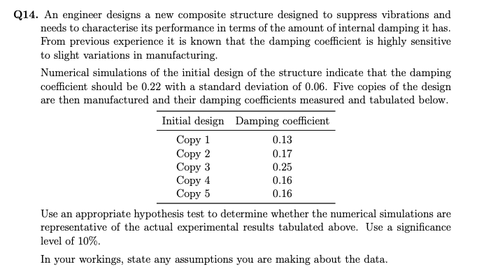 Q14. An engineer designs a new composite structure designed to suppress vibrations and
needs to characterise its performance in terms of the amount of internal damping it has.
From previous experience it is known that the damping coefficient is highly sensitive
to slight variations in manufacturing.
Numerical simulations of the initial design of the structure indicate that the damping
coefficient should be 0.22 with a standard deviation of 0.06. Five copies of the design
are then manufactured and their damping coefficients measured and tabulated below.
Initial design Damping coefficient
Copy 1
0.13
Copy 2
0.17
Copy 3
0.25
Copy 4
0.16
Copy 5
0.16
Use an appropriate hypothesis test to determine whether the numerical simulations are
representative of the actual experimental results tabulated above. Use a significance
level of 10%.
In your workings, state any assumptions you are making about the data.