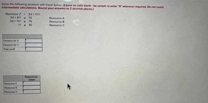 Solve the following problem with Excel Solver: (Leave no cells blank be certain to enter "0" wherever required. Do not round
intermediate calculations. Round your answers to 2 decimal places.)
Maximize Z= 3X+17Y
3X+8Ys 74
3X+11Y ≤ 78
Y s 35
Decision for X
Decision for Y
Total profit
Resource A
Resource B
Resource C
Resources
Used
Resource A
Resource B
Resource C