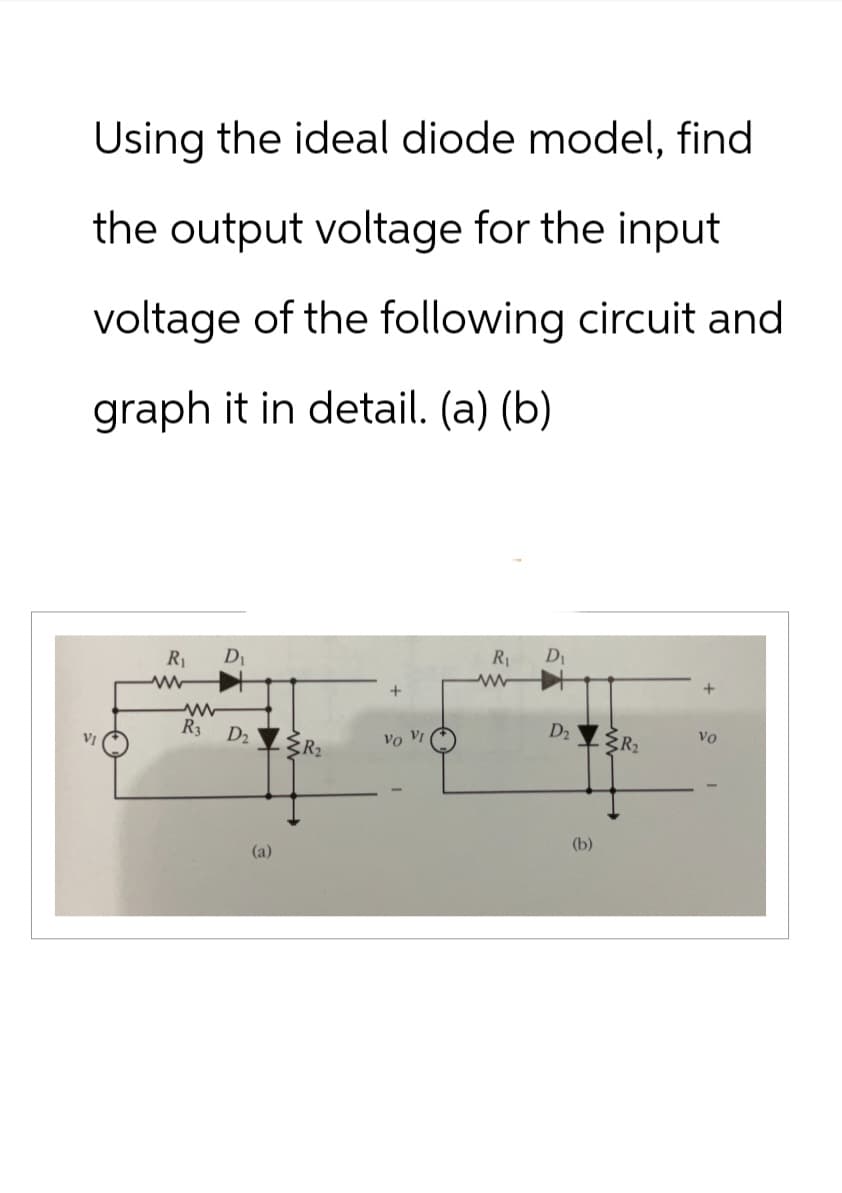 Using the ideal diode model, find
the output voltage for the input
voltage of the following circuit and
graph it in detail. (a) (b)
R₁ D₁
www
ww
R3 D2
(a)
R₁ D₁
www
+
+
D2 R2
vo
Vo
R₂
(b)