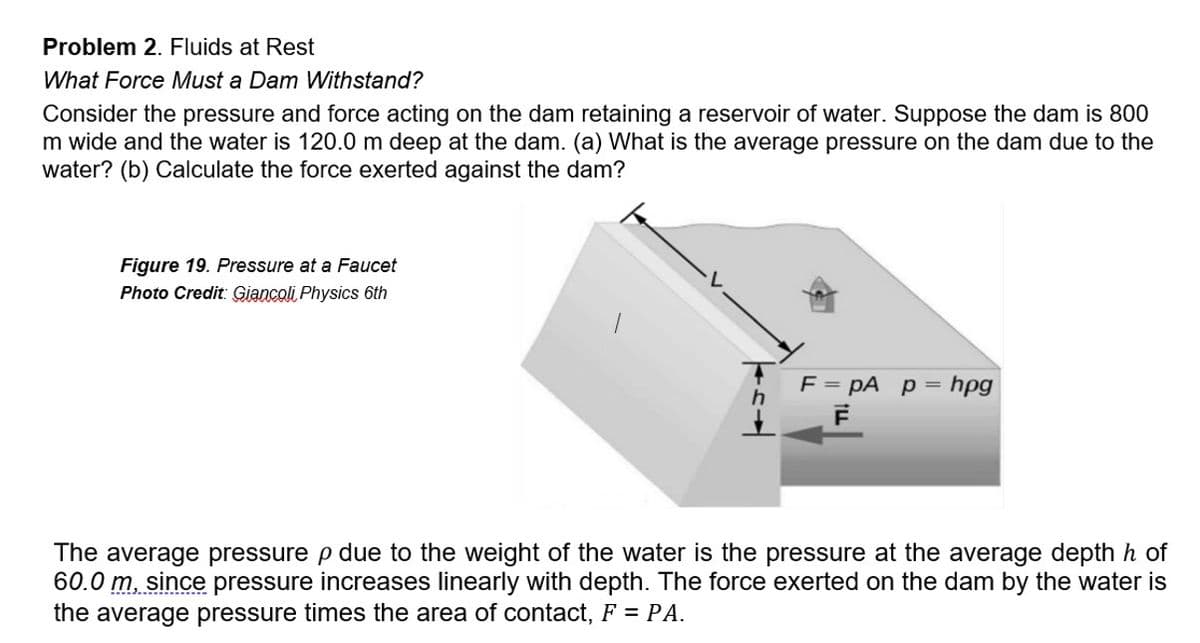 Problem 2. Fluids at Rest
What Force Must a Dam Withstand?
Consider the pressure and force acting on the dam retaining a reservoir of water. Suppose the dam is 800
m wide and the water is 120.0 m deep at the dam. (a) What is the average pressure on the dam due to the
water? (b) Calculate the force exerted against the dam?
Figure 19. Pressure at a Faucet
Photo Credit: Giancoli Physics 6th
F = pA p = hpg
The average pressure p due to the weight of the water is the pressure at the average depth h of
60.0 m, since pressure increases linearly with depth. The force exerted on the dam by the water is
the average pressure times the area of contact, F = PA.
