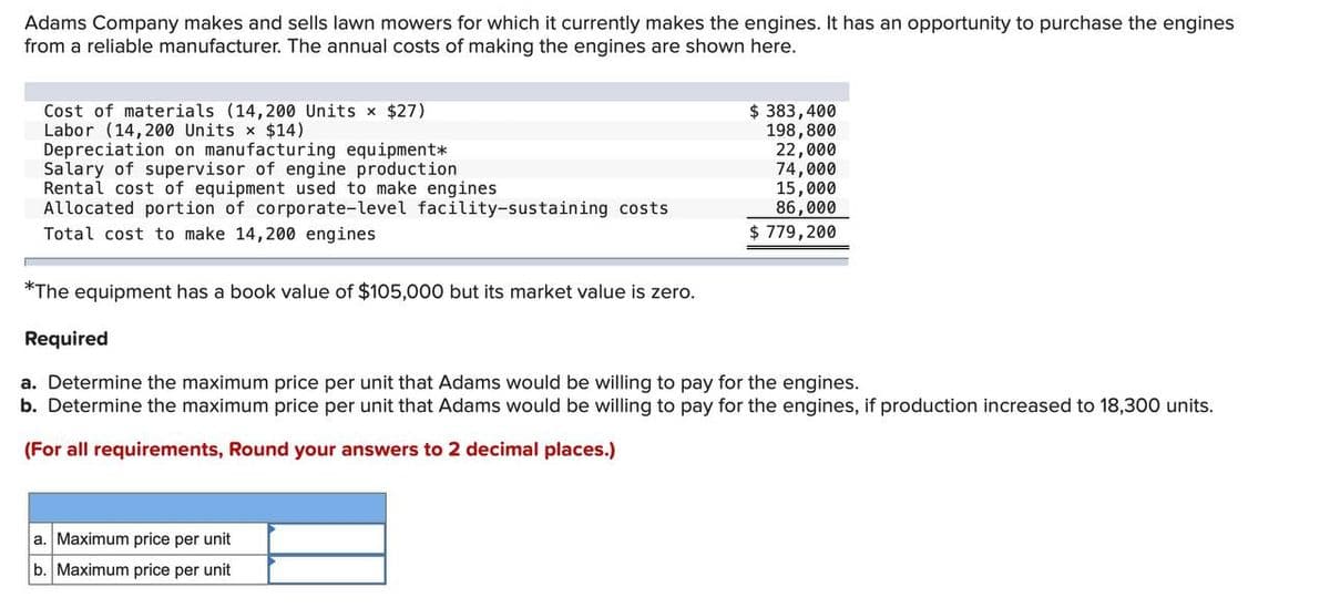 Adams Company makes and sells lawn mowers for which it currently makes the engines. It has an opportunity to purchase the engines
from a reliable manufacturer. The annual costs of making the engines are shown here.
Cost of materials (14,200 Units x $27)
Labor (14,200 Units x $14)
Depreciation on manufacturing equipment*
Salary of supervisor of engine production
Rental cost of equipment used to make engines
Allocated portion of corporate-level facility-sustaining costs
Total cost to make 14,200 engines
$ 383,400
198,800
22,000
74,000
15,000
86,000
$779,200
*The equipment has a book value of $105,000 but its market value is zero.
Required
a. Determine the maximum price per unit that Adams would be willing to pay for the engines.
b. Determine the maximum price per unit that Adams would be willing to pay for the engines, if production increased to 18,300 units.
(For all requirements, Round your answers to 2 decimal places.)
a. Maximum price per unit
b. Maximum price per unit