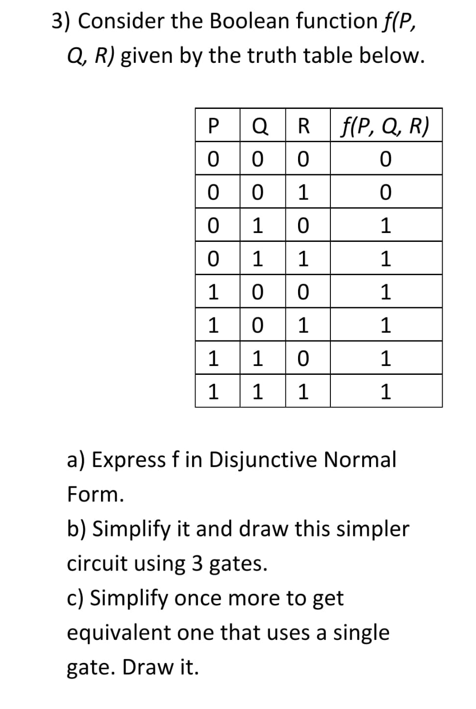 3) Consider the Boolean function f(P,
Q, R) given by the truth table below.
Q R f(P, Q, R)
0 0 0
00 1
0 1 0
0 1 1
1 0
1
1
1
1
1
1
1
1
1
1
1
a) Express f in Disjunctive Normal
Form.
b) Simplify it and draw this simpler
circuit using 3 gates.
c) Simplify once more to get
equivalent one that uses a single
gate. Draw it.
